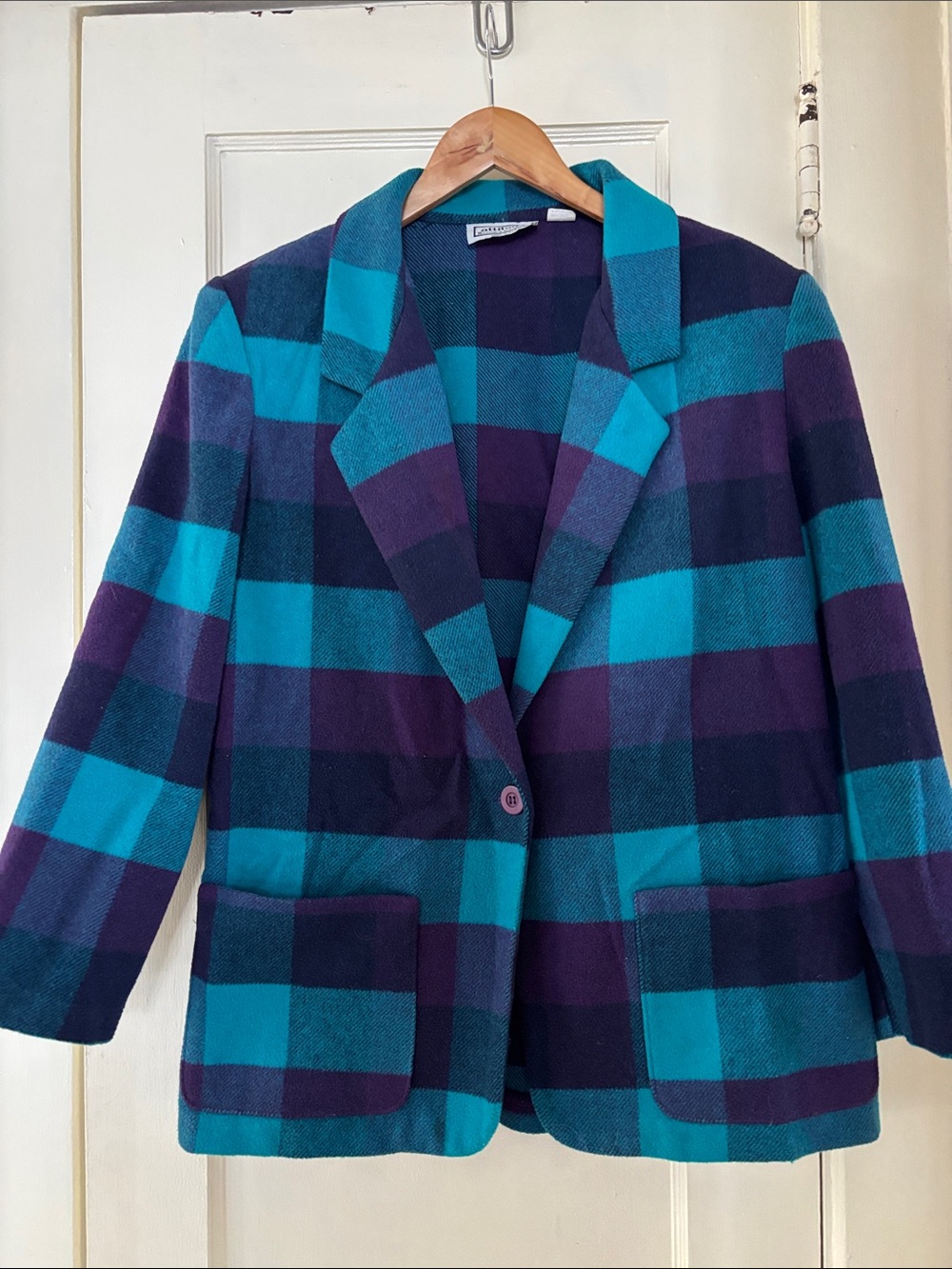 Checked Plaid Blazer Jacket - Teal & Purple